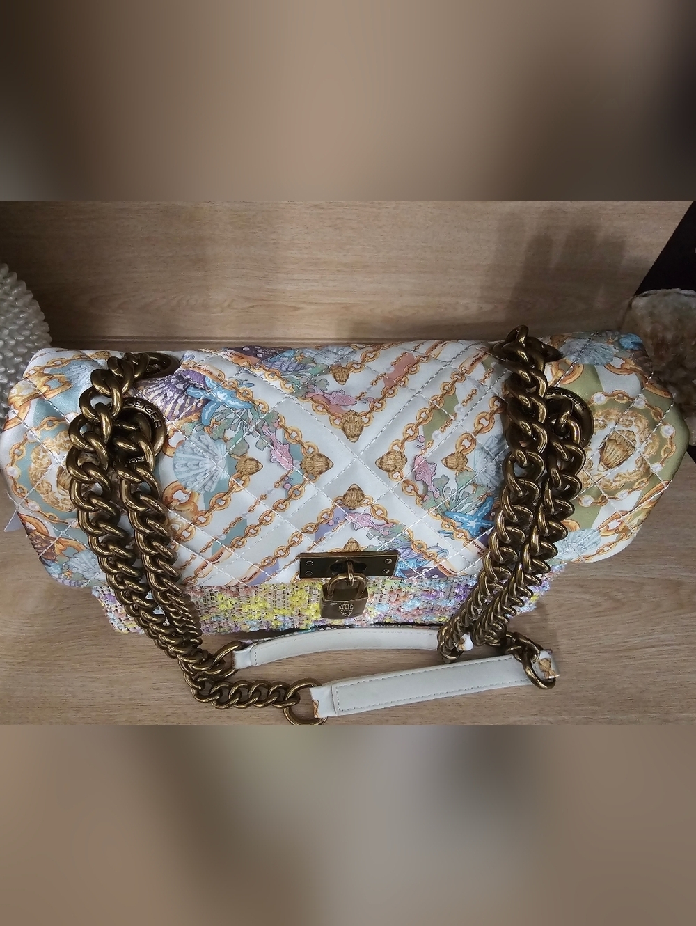 Kurt Geiger London Brixton Mixed Media Tweed Shoulder Bag with Gold Chain. - Picture 10 of 13